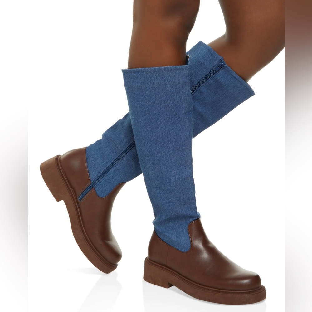 Rouge Helium Brown Leather & Blue Denim Knee Boots